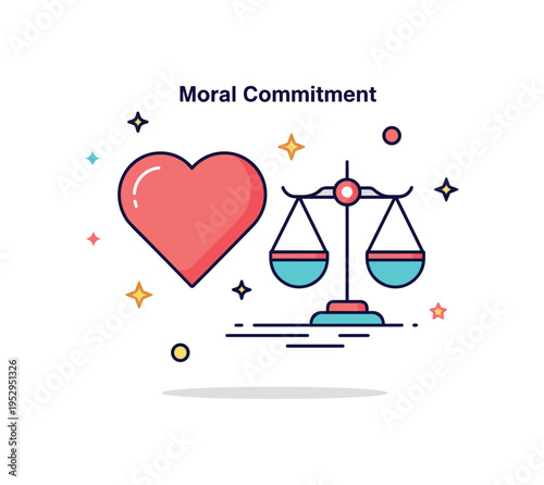 Moral commitment heart icon combined with a balanced scale symbol. A refined concept badge expressing fairness, loyalty and ethical values. Minimalist flat