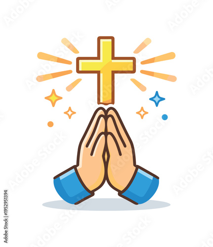 Prayer for divine intervention represented by folded hands beneath a glowing cross with soft rays spreading outward like gentle guidance. Small stars and light