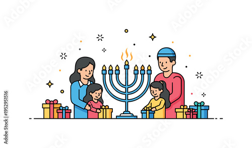Family Hanukkah gathering illustrated by a simple menorah surrounded by small gift box icons and subtle star accents, conveying togetherness and festive joy.