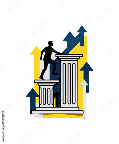Black and white silhouette climbing onto a geometric pedestal block, structured rectangular forms and upward arrows reinforcing progress, flat yellow and navy