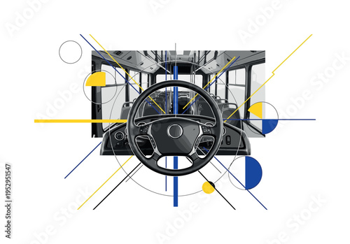 A realistic monochrome steering wheel floating separately from a bus interior to symbolize driverless control, geometric circles and sharp diagonal lines
