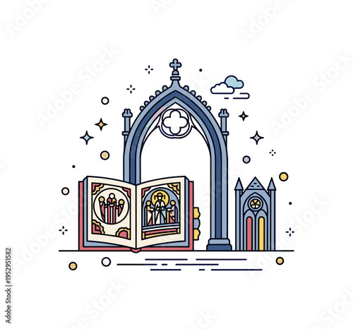 Medieval art and architecture overview illustrated by a compact composition combining a Gothic arch silhouette, a small illuminated manuscript page, and a