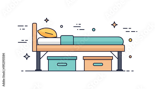 Under bed storage idea centered on a low bed frame with sliding boxes partially visible beneath, expressing hidden organization and practical use of small