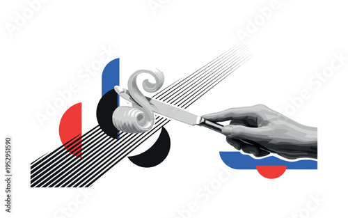 Black and white hand holding a hairdryer angled upward, sharp geometric rays radiating like styling energy, cobalt blue and warm orange flat circles and lines