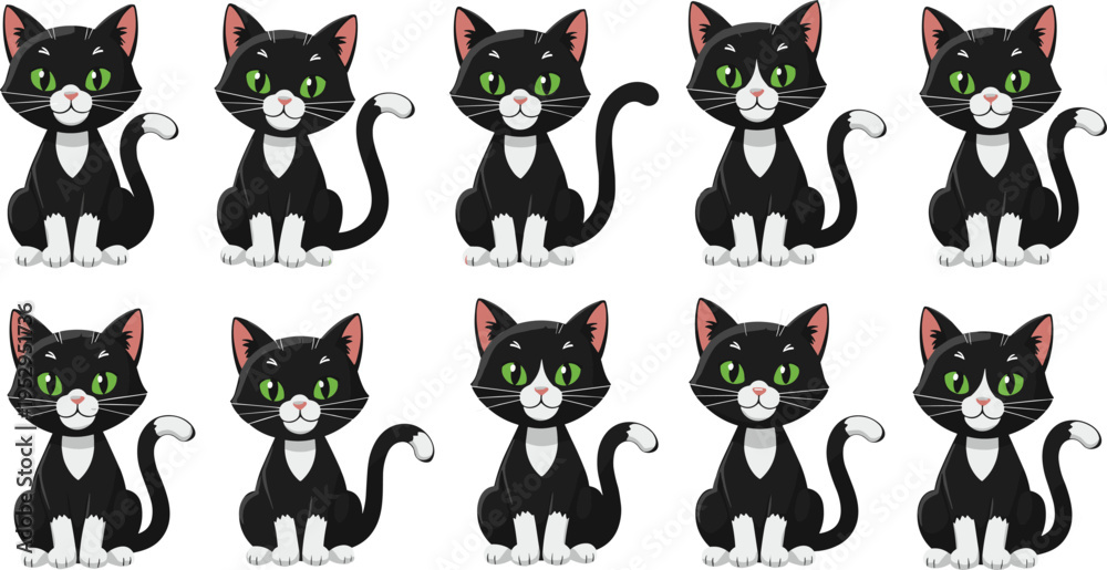 Obraz premium Cute Black Cat Character Collection with Green Eyes Sitting Poses Cartoon Kitty Mascot Set for Pet Illustrations, Stickers, Children Designs and Animal Icons