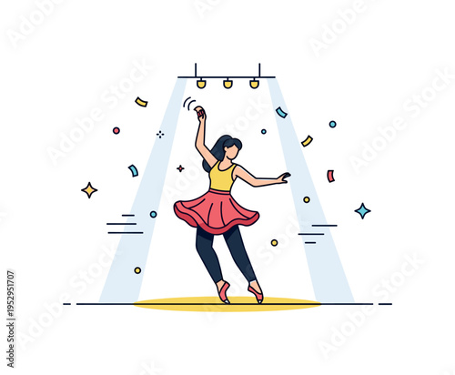 Tap dancer performing on a spotlighted stage with confetti and motion accents, highlighting excitement, performance, and entertainment. Minimalist flat vector