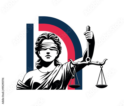 Black and white statue with blindfold detail symbolizing justice, bold geometric arcs framing the head, flat palette of black, white, navy and crimson accents,