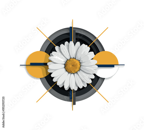 A monochrome close-up of a blooming daisy, oversized semicircles framing the petals symmetrically, thin linear elements intersecting for structured balance,