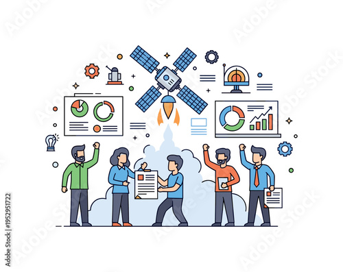 Team of researchers celebrating the launch of a satellite with charts, models, and mission notes, illustrating teamwork, achievement, and contributions to