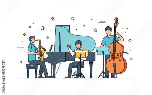 A jazz band rehearsing with saxophone, piano, and upright bass, capturing improvisation, coordination, and collaborative music-making. Minimalist flat vector
