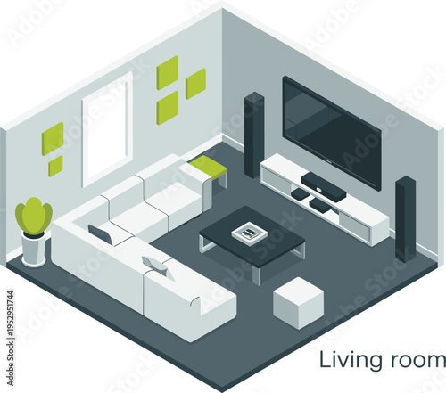 Isometric living room interior vector illustration, modern home lounge layout, sofa coffee table television speakers decor design