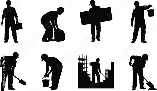 construction worker silhouettes set, carrying materials digging tools, industrial labor activities, building site workforce, manual work, engineering construction, professional workers