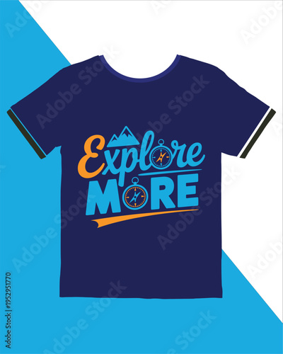 Navy blue tshirt with explore more text and compass mountain design on front