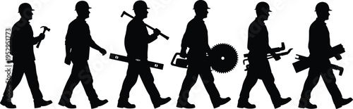 construction worker silhouettes walking set, carrying tools equipment, industrial labor workforce, building site activity, engineering construction, manual work, professional workers concept