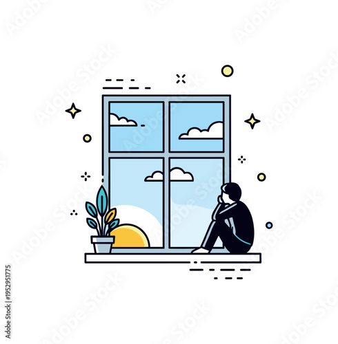 First light contemplation illustrated by a window frame with a subtle sunrise and a seated figure silhouette nearby, expressing quiet observation and