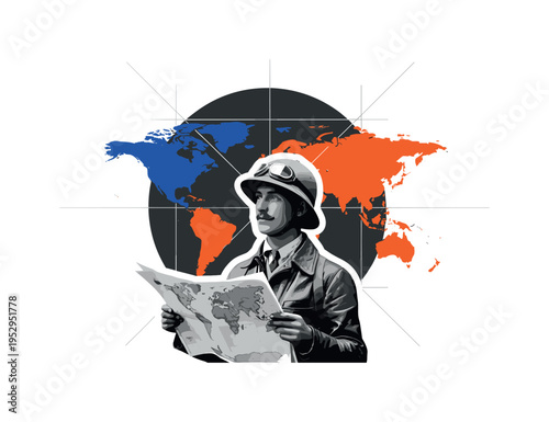 Black and white vintage explorer holding a folded world map, oversized abstract circle behind like a compass sun, bold cobalt blue and vivid orange flat