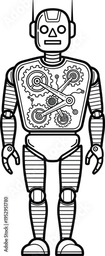 Mechanical AI robot with gear mechanism icon, artificial intelligence robotics automation engineering technology futuristic machine vector illustration