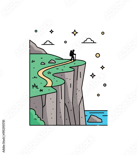 Cliffside hiking view illustrated by a small path winding along the edge of a tall coastal cliff, with a tiny figure silhouette suggesting exploration and