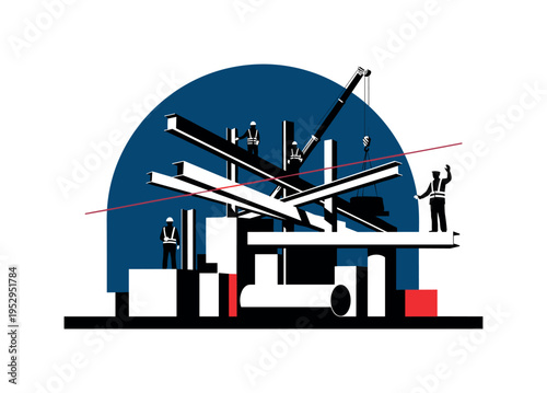Black and white workers silhouetted against abstract construction beams, large deep blue semicircle framing upper composition, thin red diagonal line cutting
