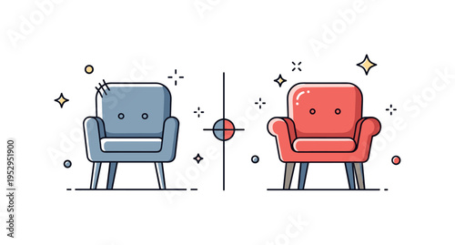 Before and after furniture transformation showing two small side by side chair silhouettes, one worn and one polished, symbolizing dramatic improvement. The
