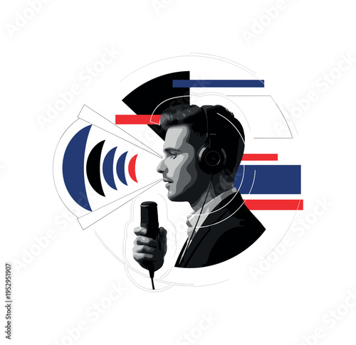 A black and white realistic profile of a translator wearing headphones and speaking into a microphone, bold geometric circles and semicircles radiating like