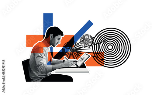 Black and white retro-style visual artist seated at a desk drawing on a tablet, bold concentric circles radiating from the screen symbolizing creativity flow,