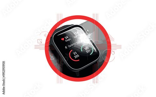 Close-up monochrome smartwatch displaying fitness metrics on a wrist, framed by a bold red circle and thin vertical structural lines, intense flash of light