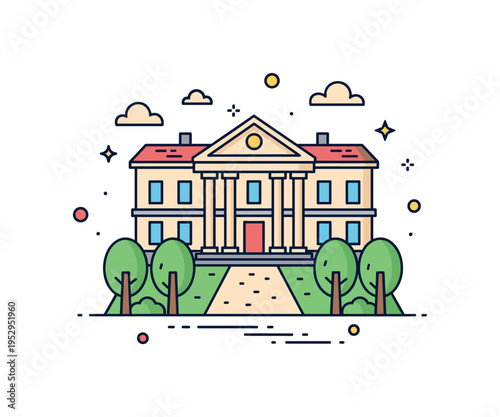 Historic estate property depicted by a classic manor style facade with subtle column details and a tree lined path, suggesting heritage and architectural