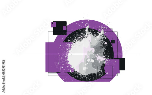Oversized monochrome snowball impact splash cropped dramatically at the edges, framed by a bold purple circular shape and intersected by thin black grid lines,