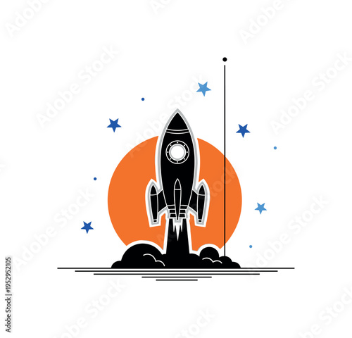 Black and white rocket launching upward, combined with bold orange cylindrical shapes and dynamic diagonal lines suggesting thrust and motion, small abstract