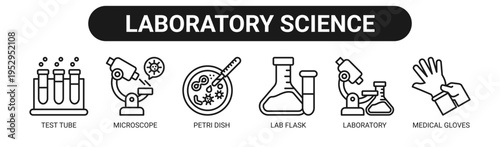 Laboratory Science web banner icon vector illustration concept with icons of test tube, microscope, petri dish, lab flask, laboratory, and medical gloves.