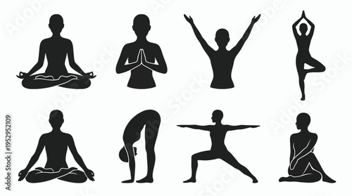 Set of black silhouettes showing people in different yoga poses on white background, concept for wellness training, corporate stress management and mindful leadership programs