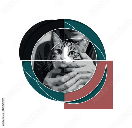 Monochrome close-up of a person gently holding a cat, intersected by abstract circular halos symbolizing affection, structured geometric blocks adding visual