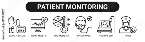 Patient Monitoring web banner icon vector illustration concept with icons of blood pressure, heart monitor, thermometer, oxygen mask, hospital bed, and nurse.