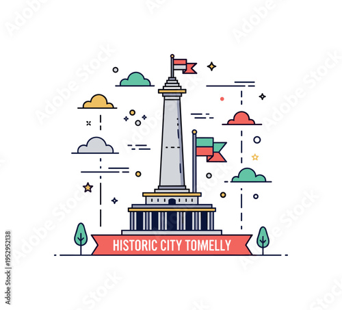 Historic city monument illustration centered on a single grand architectural structure with subtle flag accent, expressing heritage and tradition. The badge