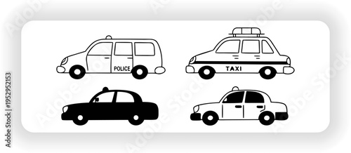 Simple Cartoon Cars Set Police, Taxi & Sedan Icons.