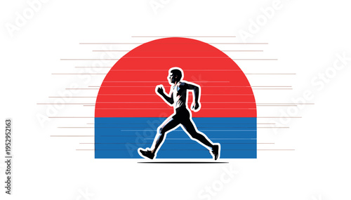 Black and white retro runner in mid-stride captured in profile, bold red semicircle behind like rising sun, thin horizontal motion lines extending across