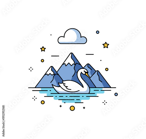Mountain lake with swan elegant swan gliding across still water framed by minimal mountain shapes and a soft cloud above. A refined visual metaphor for