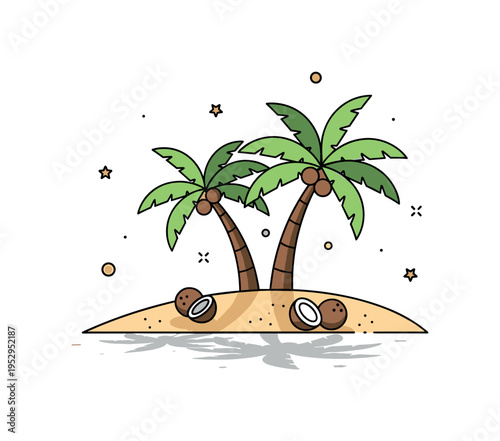 Palm trees swaying gently on a sunny beach with a few coconuts and soft shadows on the sand, evoking relaxation and tropical vibes. Minimalist flat vector