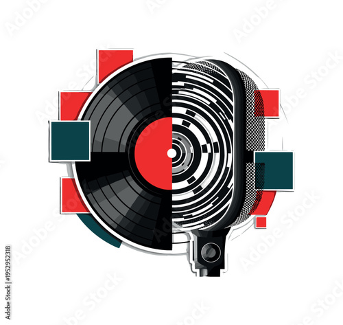 A monochrome vinyl record merging into a microphone head, grooves transforming into geometric concentric circles symbolizing jingles, abstract blocks