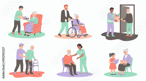 flat illustration of professional caregivers assisting elderly people in daily activities, concept for healthcare support, senior assistance and social services