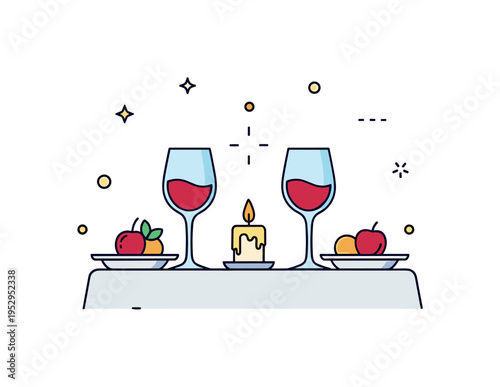 Luxury romantic experiences for couples concept centered on an elegant dinner table with two wine glasses and a candle between them, expressing intimacy and