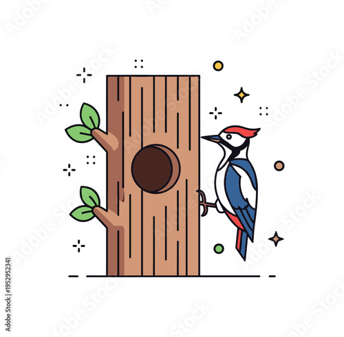 Tree cavity nesting theme illustrated by a woodpecker beside a small round hole in the trunk, expressing habitat creation and natural shelter. The composition