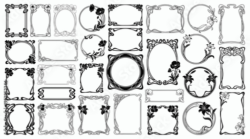 Set of black and white art nouveau floral ornamental frames with decorative borders on isolated background, concept for graphic invitation design, wedding stationery layout and vintage card decoration