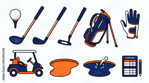 Set of flat golf equipment icons including clubs, ball, bag, glove, cart, scorecard, sand bunker and water hazard, concept for sports branding, club membership advertisement and tournament promotion