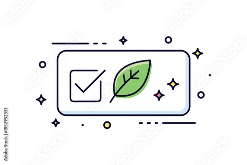 Organic product certification concept built around a rectangular label with a leaf checkmark symbol and subtle star accents to highlight verified natural