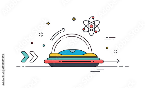 Future transportation technology compact transport pad paired with a subtle atom symbol and forward arrow accent. A bold editorial illustration about