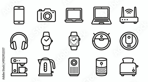 set of thin line icons featuring modern smart home appliances and electronic devices, concept for digital transformation smart living solutions and internet of things integration