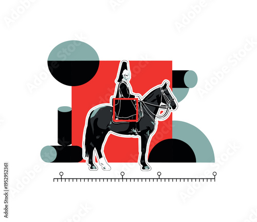 Black and white horse and rider in ceremonial attire moving forward, bright red square intersecting the midsection for bold contrast, abstract semicircles and