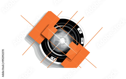 Black and white centrifuge machine viewed from top angle, intersected by bold orange abstract blocks and thin diagonal lines creating dynamic composition,